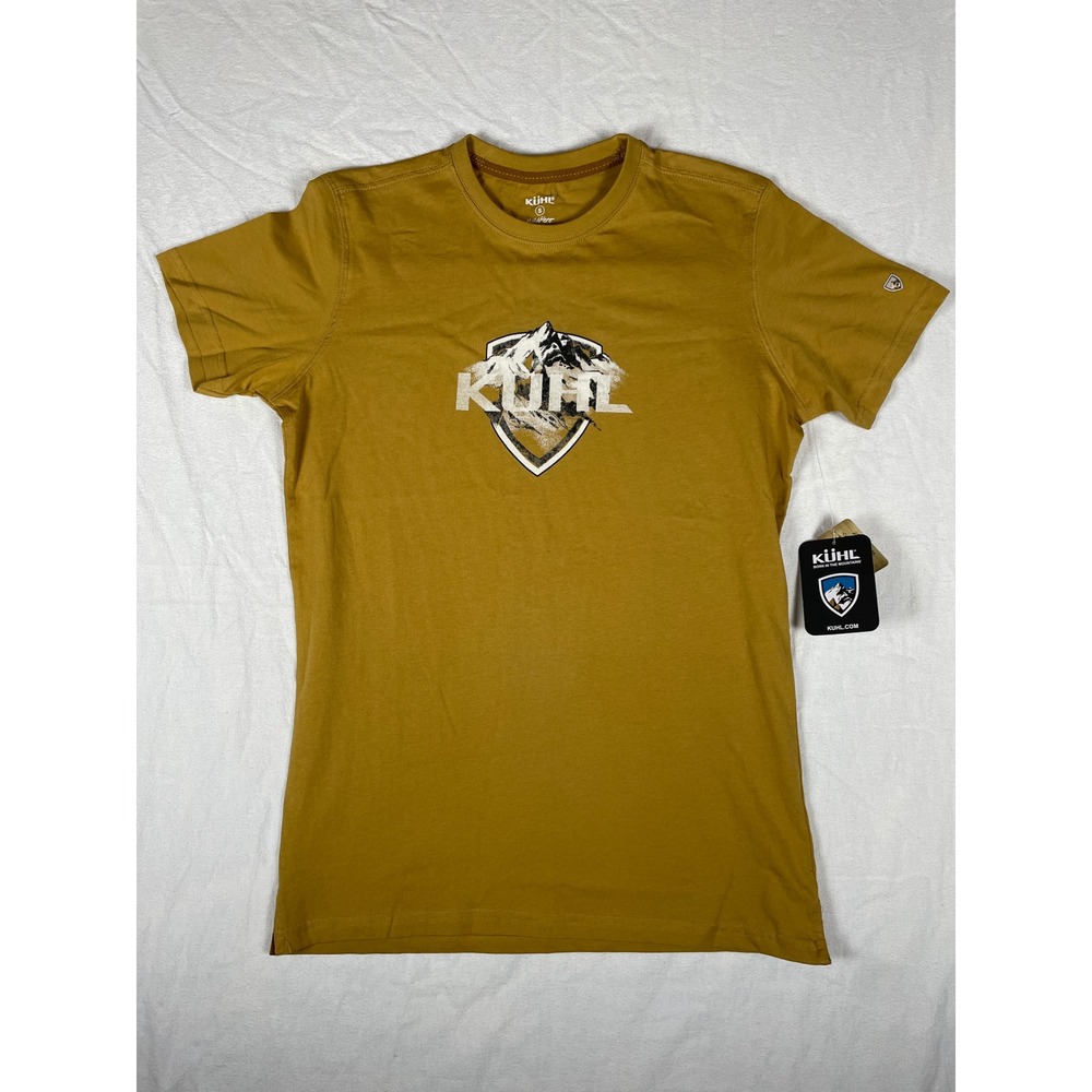 Kuhl Mens Organic Cotton T Shirt Gold‎ Mountain Graphic Logo Short Sleeve Size S